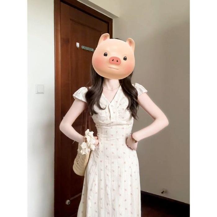 Summer New French V-neck Floral Dress Femininity Vacation Style Waist Thin a Word Long Skirt Women's Clothing