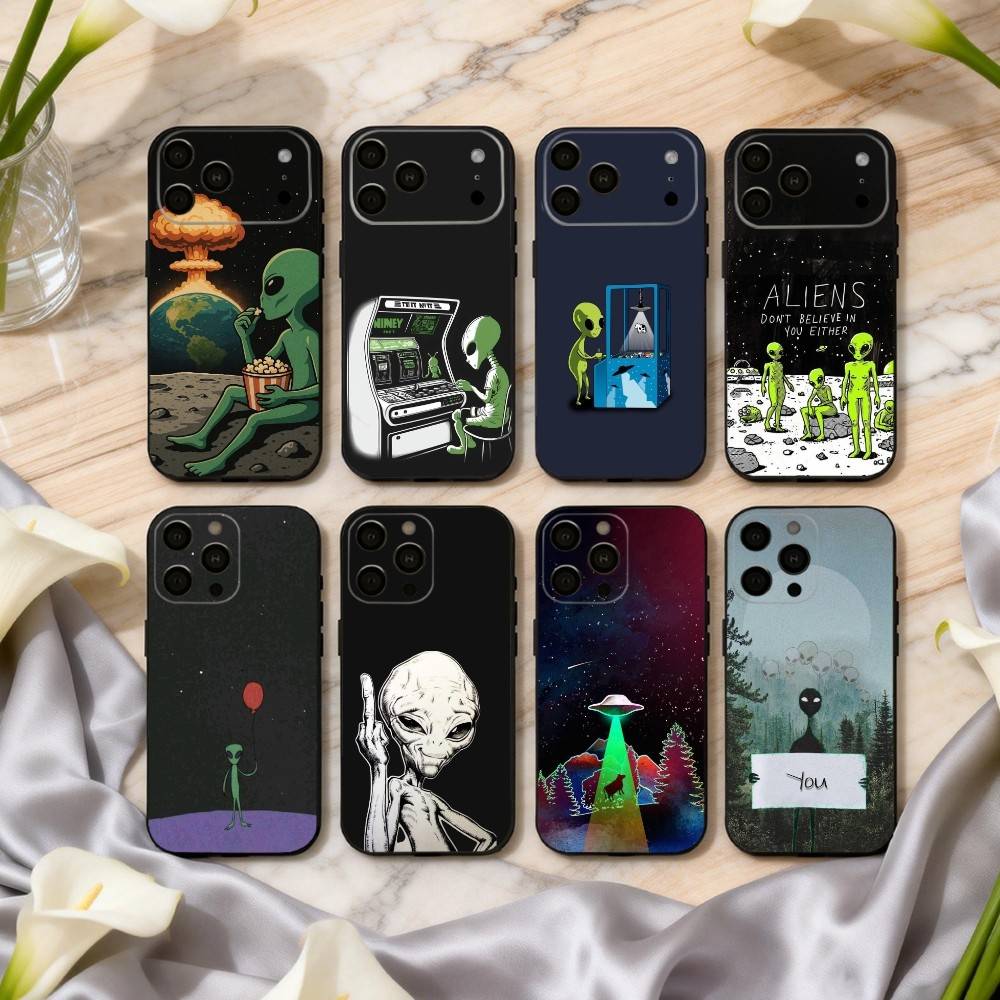 Funny S-Space UFO A-Alien T-Thing Phone Case For iPhone 17,16,15,14,13,12,11 Plus,Pro Max,XS,Soft Silicone Black Cover