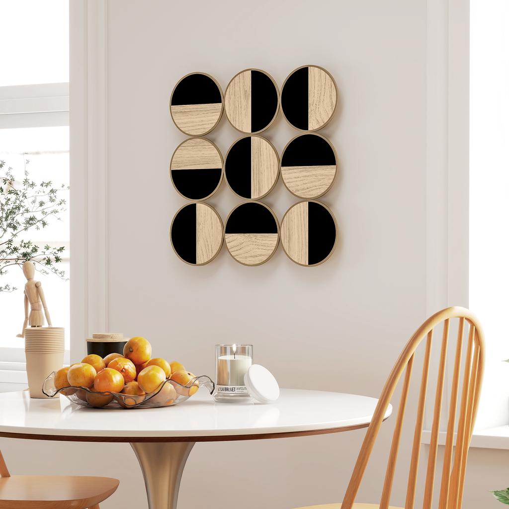 Decorative Geometric Wall Art Modern 3D Adornment 60x60 cm with Black Plastic Mirror and Natural Wood