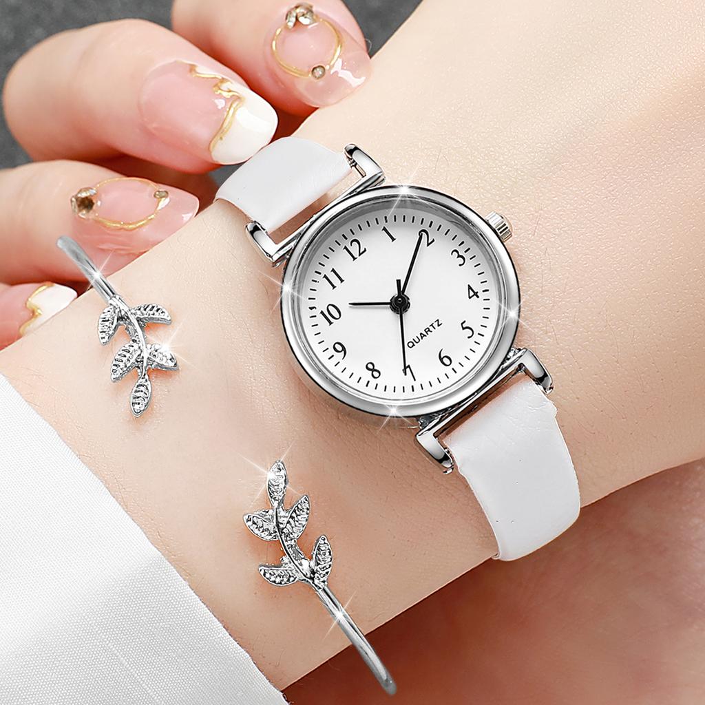 2PCs/Set Women's Fashion Watch Sweet and Casual Arabic Digital Dial Quartz Watch with Leaf Shaped Bracelet