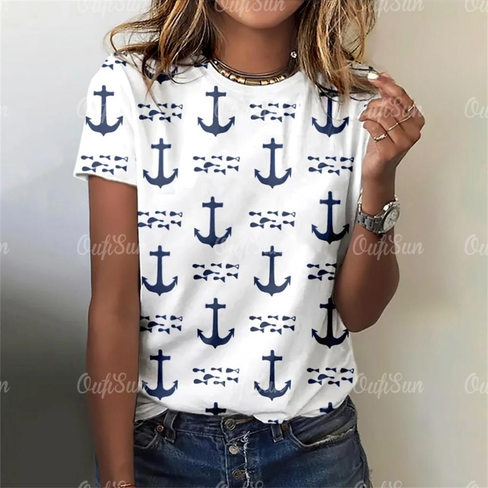 T-Shirt im neuen Stil für Frauen mit Anker-Print, Sommer-Übergröße, T-Shirts für Damenbekleidung, O-Ausschnitt, Damenmode, Übergröße