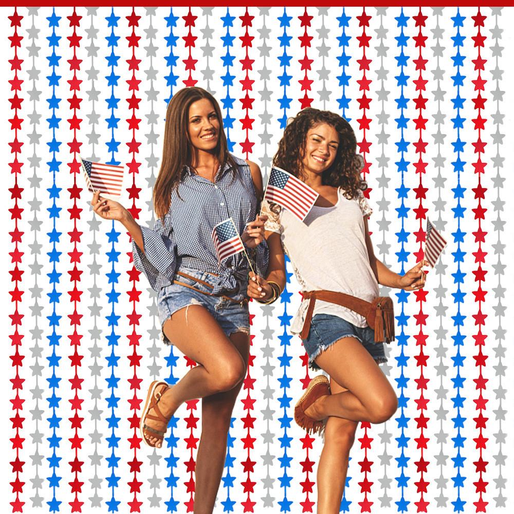 Beautiful Red Blue And Silver Starry Curtain For Independence Day Party Decorations