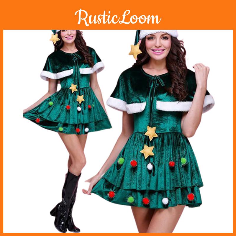 Luxury Xmas Velvet Women Christmas Tree Outfit Dress Cloak Hat Party Props Plus Size