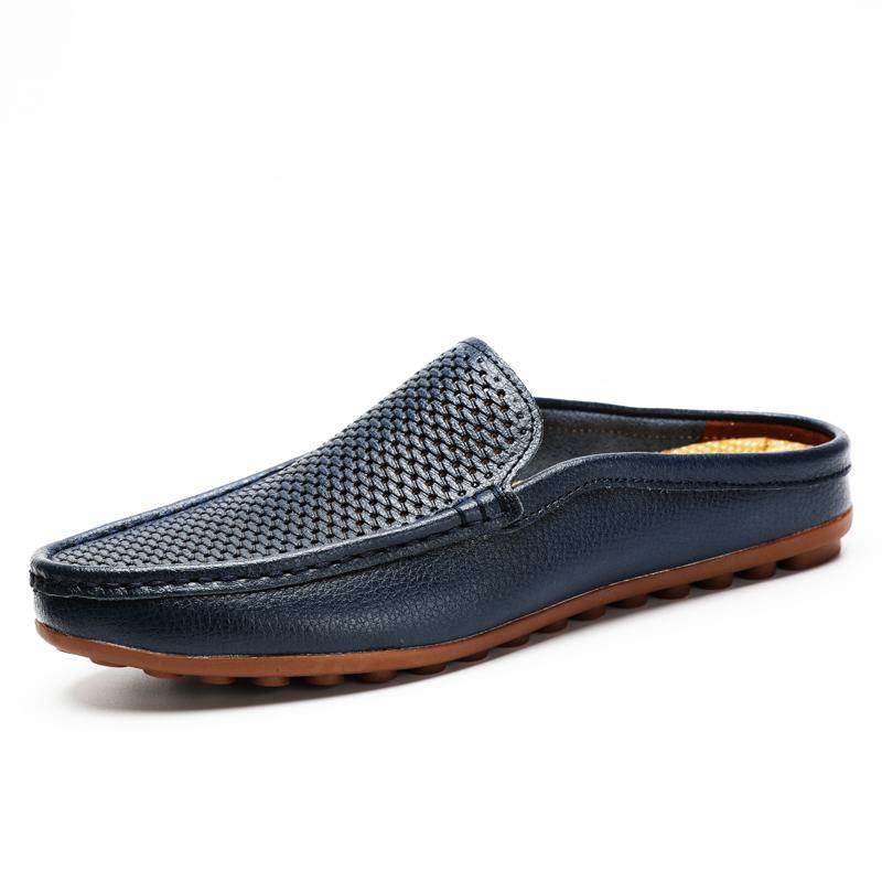 Fashion2024 Fashion Half Drag Loafers Men Casual Leather Driving Shoes Classic Mesh Summer Slippers Breathable Light Leisure Walk Flats