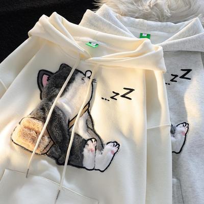 Felpa con cappuccio retrò giapponese con floccaggio a forma di gatto: Giacca unisex chic in stile scolastico