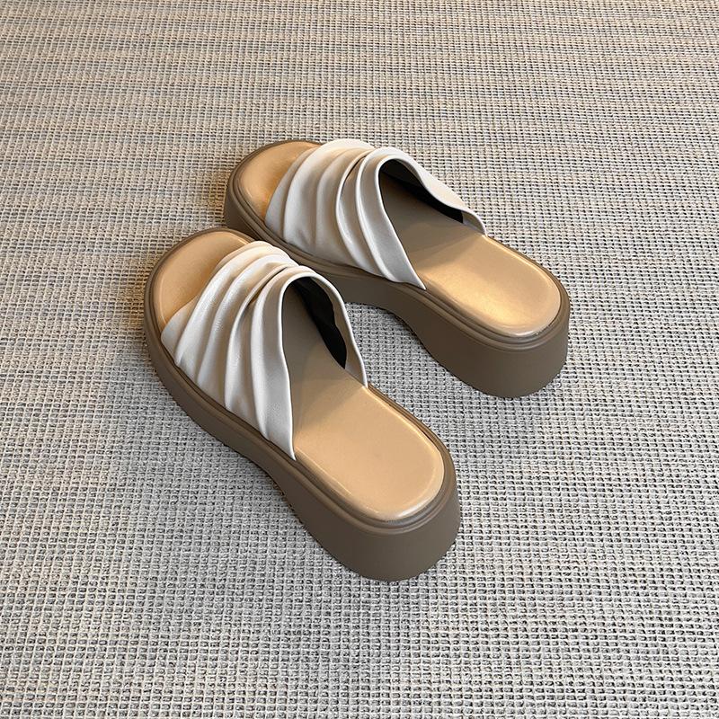 

Slack thick-soled Bangkok drag summer new pleated holiday wind outside wear drag women s one-pedal retro soft-soled sandals 40 абрикосовый