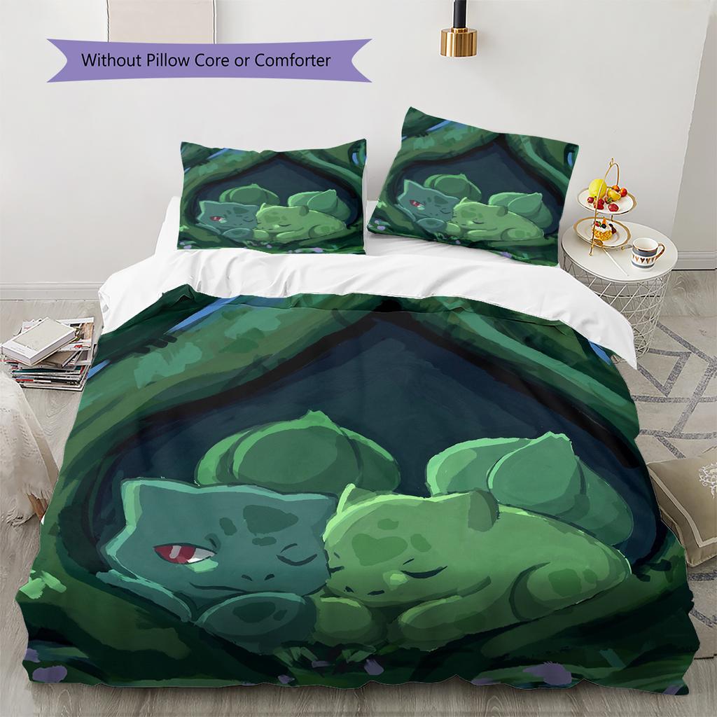 Pokémon Bulbasaur Pattern Bedding Home Decoration Birthday Gift (1 * Duvet Cover + 2 * Pillowcase, Without Core)