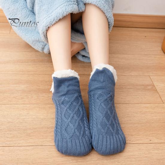1 Pair Winter Floor Socks Thick Plush Knitted Heat Retention Anti-slip Silicone Sole V-Shaped Ribs Warm Daily Home Wear Bedroom Socks