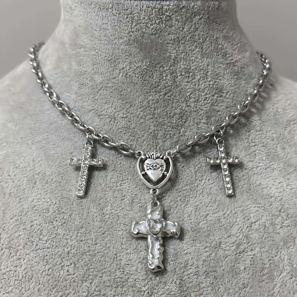 Light Luxury Cross Pendant Necklace - Heart Diamond Zircon Charm Baroque Versatile Accessories - Fashion Choker