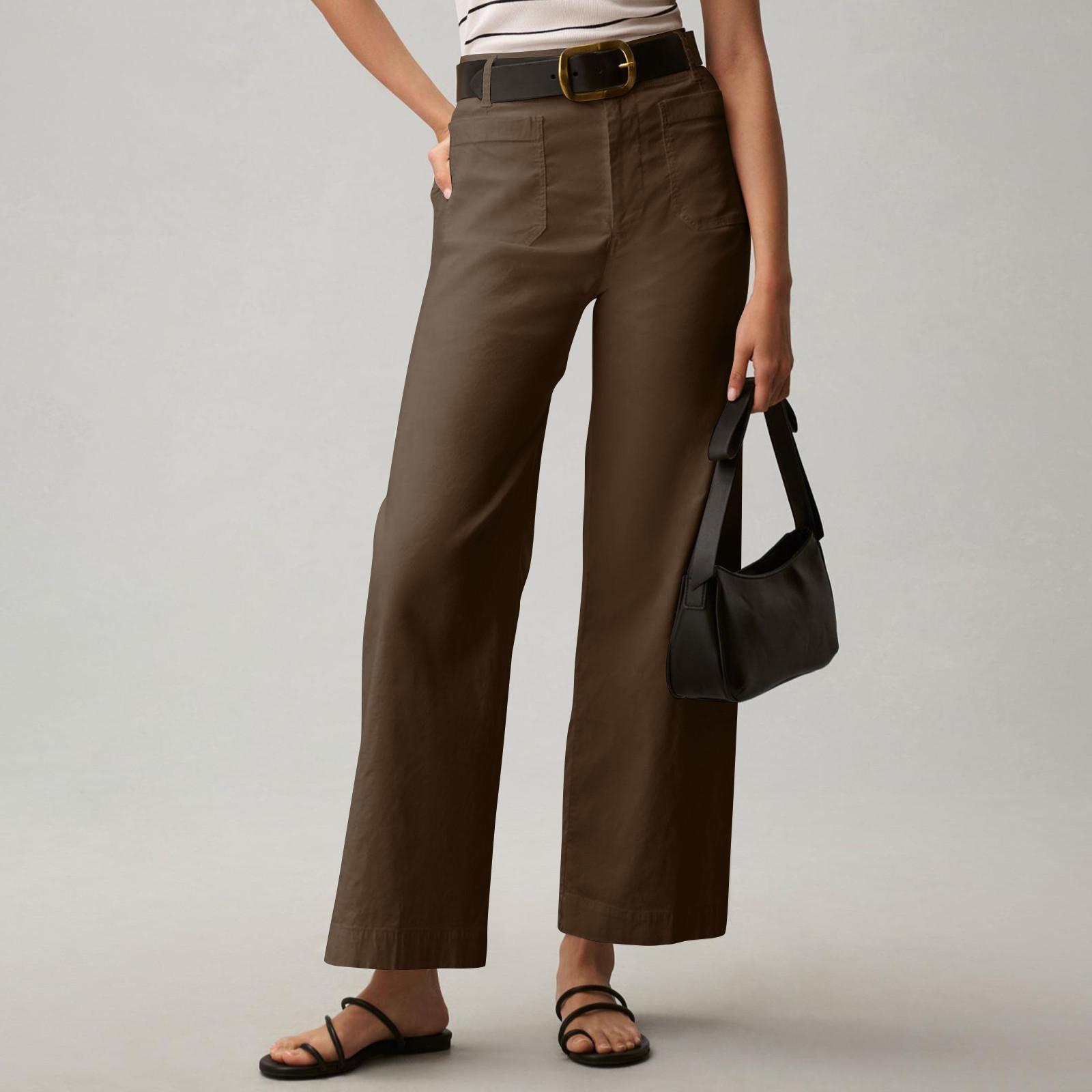 

Женские однотонные повседневные широкие брюки с девятью точками и карманами M кофейный