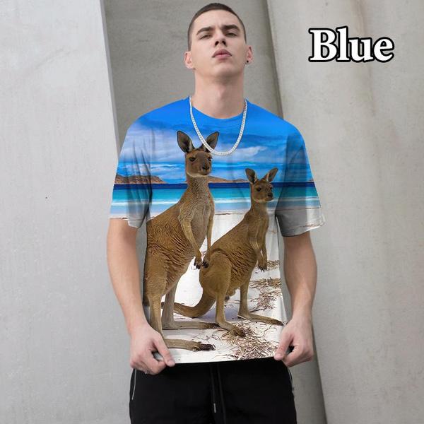 Summer Round Neck Kangaroo Pattern 3D Print Top Fashionable Casual Short Sleeved Men's T-shirts