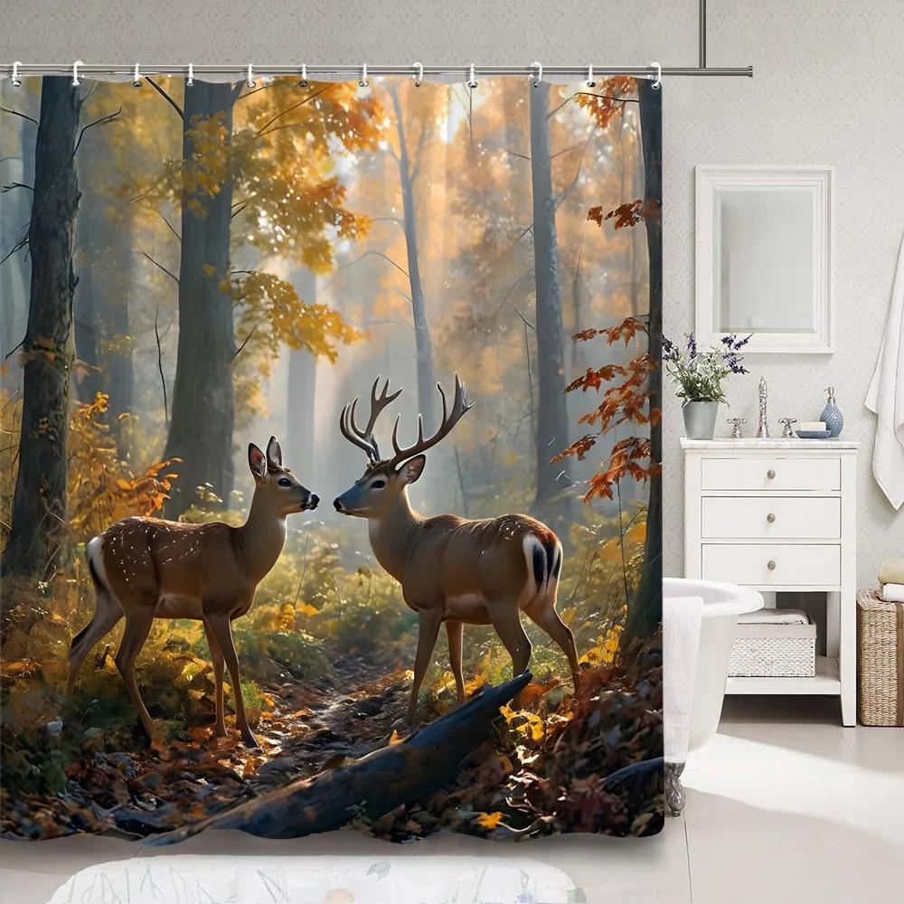 Hirsch Duschvorhang Tiefer Wald Herbst Natur Landschaft Tier Erntedank Polyester Duschvorhänge Badezimmerdeko mit Haken