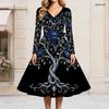Women Plus Size V Neck Long Sleeve Black Printed Tie Waist A Line Flared Midi Dress