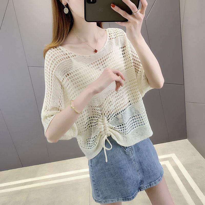 Hollow top knitted sweater women's summer bat-sleeved blouse loose short drawstring mesh shirt with suspenders