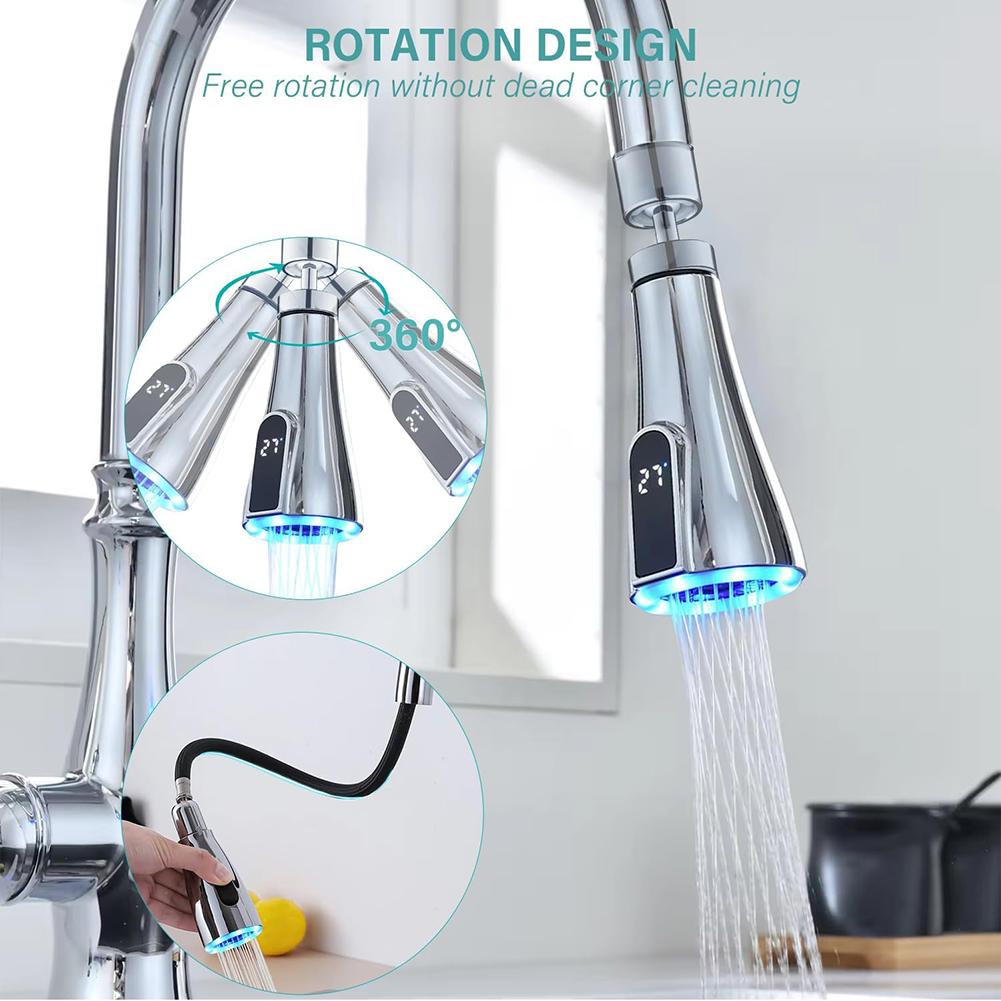 Pull Out Kitchen Sink Faucet Nozzle G12 with LED Digital Temperature Display and Two Spray Modes for Bubble and Jet Water Flow