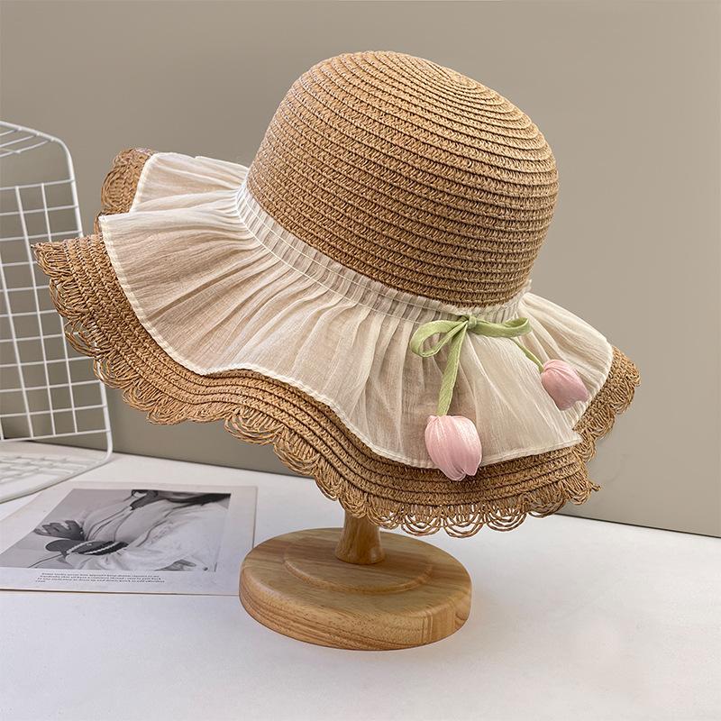 Seaside Beach Hat Lace Straw Hat Children Summer Visor Breathable Sunscreen Bucket Hat Vacation Style Straw Hat