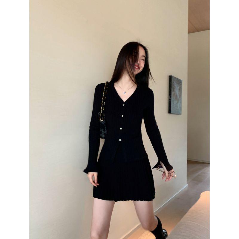 

Pusumede Long Sleeves V-neck All-Matching Knitting Cardigan Black S