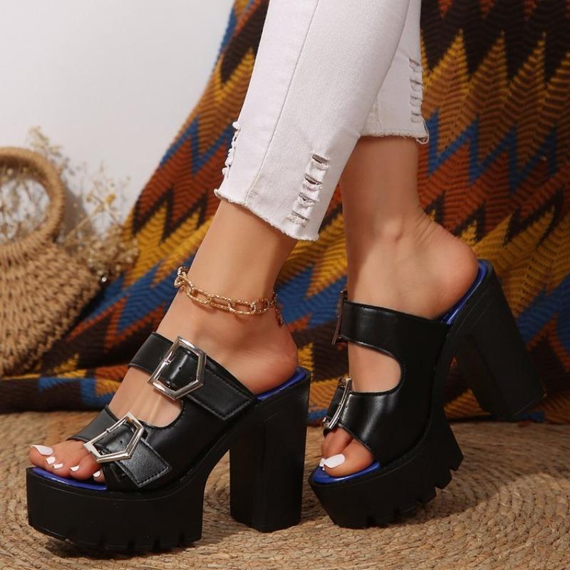 Plus-size 35-43 Women's Sandals Summer Platform Square Heel Super High Heel Slippers Rome Fashion Belt Buckle Woman High Heels