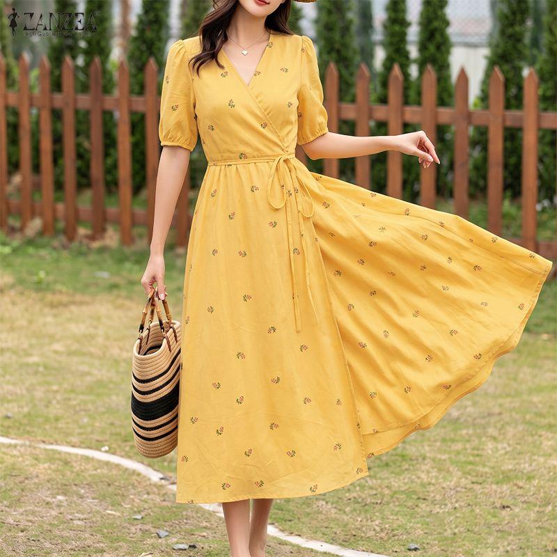 ZANZEA Women Casual V-Neck Half Sleeve Elegant Summer Floral Print Dress