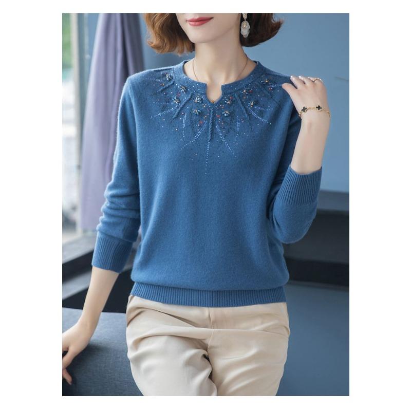 Módní svetr pro maminku z imitace vlny, volný, s výšivkou a kamínky, dámský, pro střední věk, větší velikost, podzimní zima