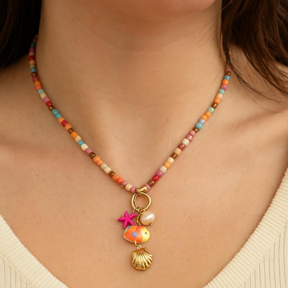 Vacation Style Ceramic Fish Bohemian Pendant Adjustable Rope Faux Pearl Collarbone Chain Boho Choker Jewelry Female Fashion
