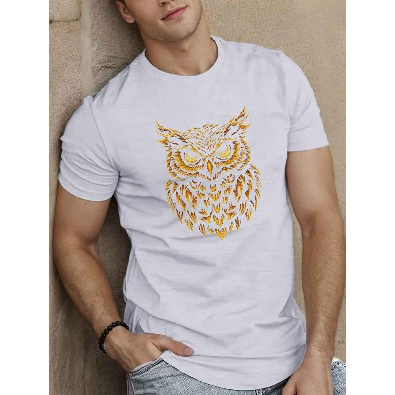 European sizes Men'S Casual Crew Neck T-Shirt with Intricate Owl Design, Polyester Knit Fabric, Slight Stretch, Regular Fit, Summer Top