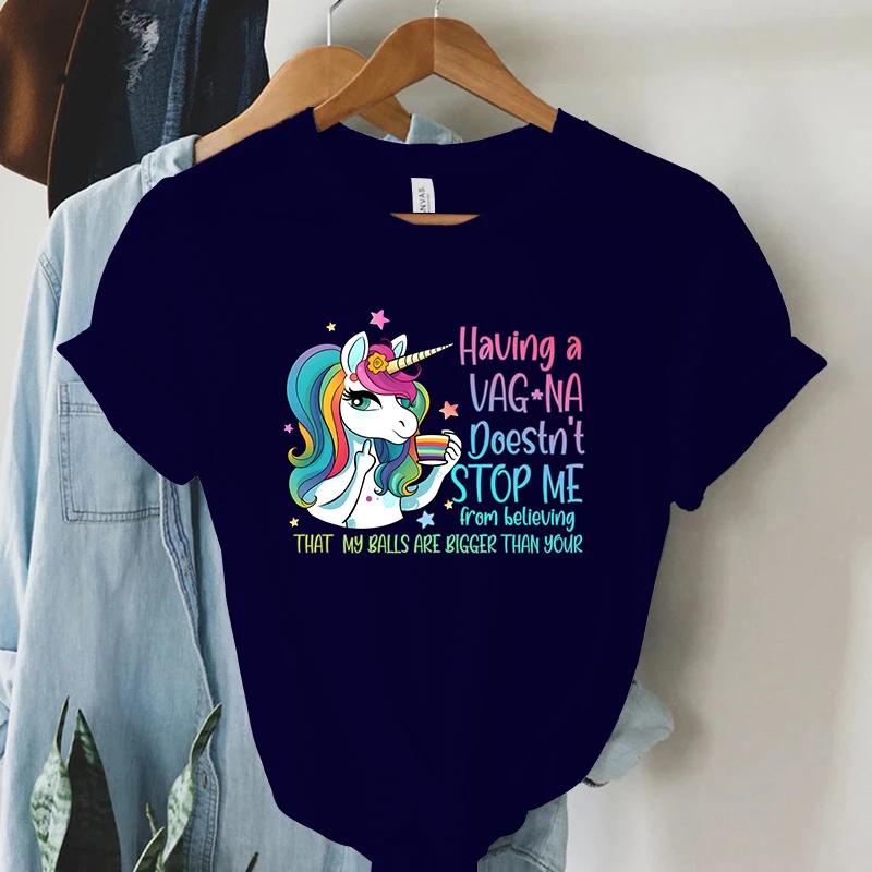 Rainbow Unicorn T Shirt Funny Cartoon Tops Summer Women Streetwear Y2K Aesthetic T Shirts Grunge Harajuku Tee Shirt Female