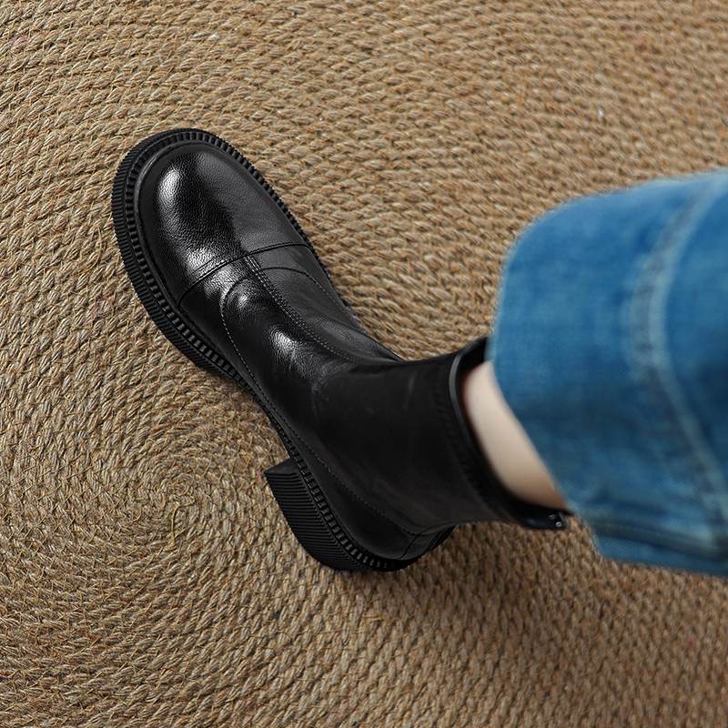 Krazing Pot Microfiber Autumn Winter Shoes Chunky Heels Size 40 Round Toe Zipper Retro Waterproof Stretch Ankle Boots