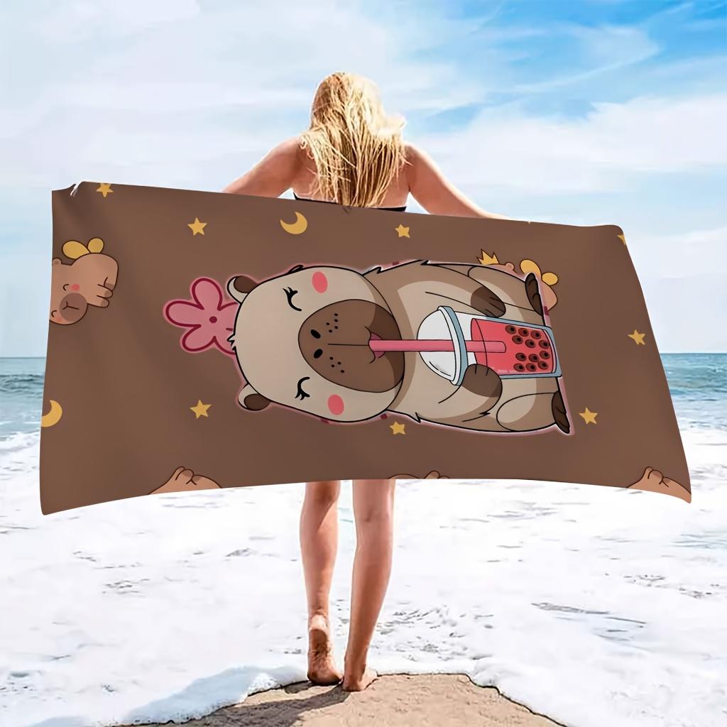 1pc Capybara & Capybara Drinking Tea Cartoon Capybara Design Towel - Soft Microfiber Bath Sheet Suitable for Beach, Pool, Gym