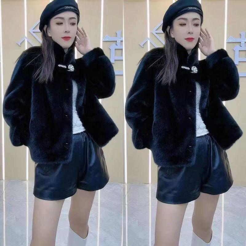 Temperament celebrity fur Maillard style leopard print long coat winter thickened warm cotton clothes imitation fox hair