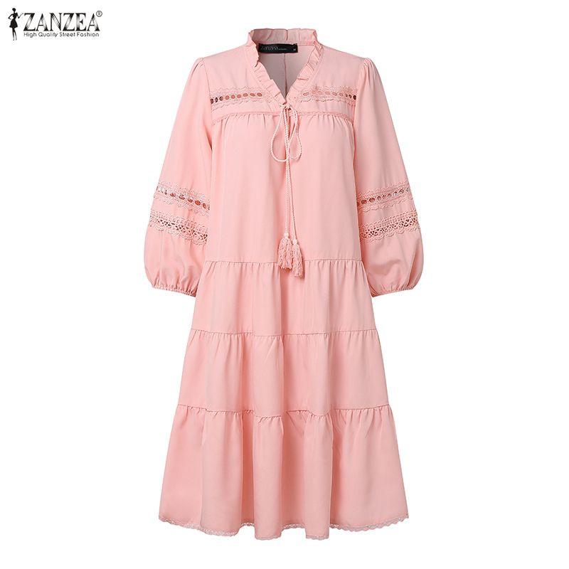 ZANZEA Women V-neck 3/4 Sleeve Loose Casual Bohemian Dress