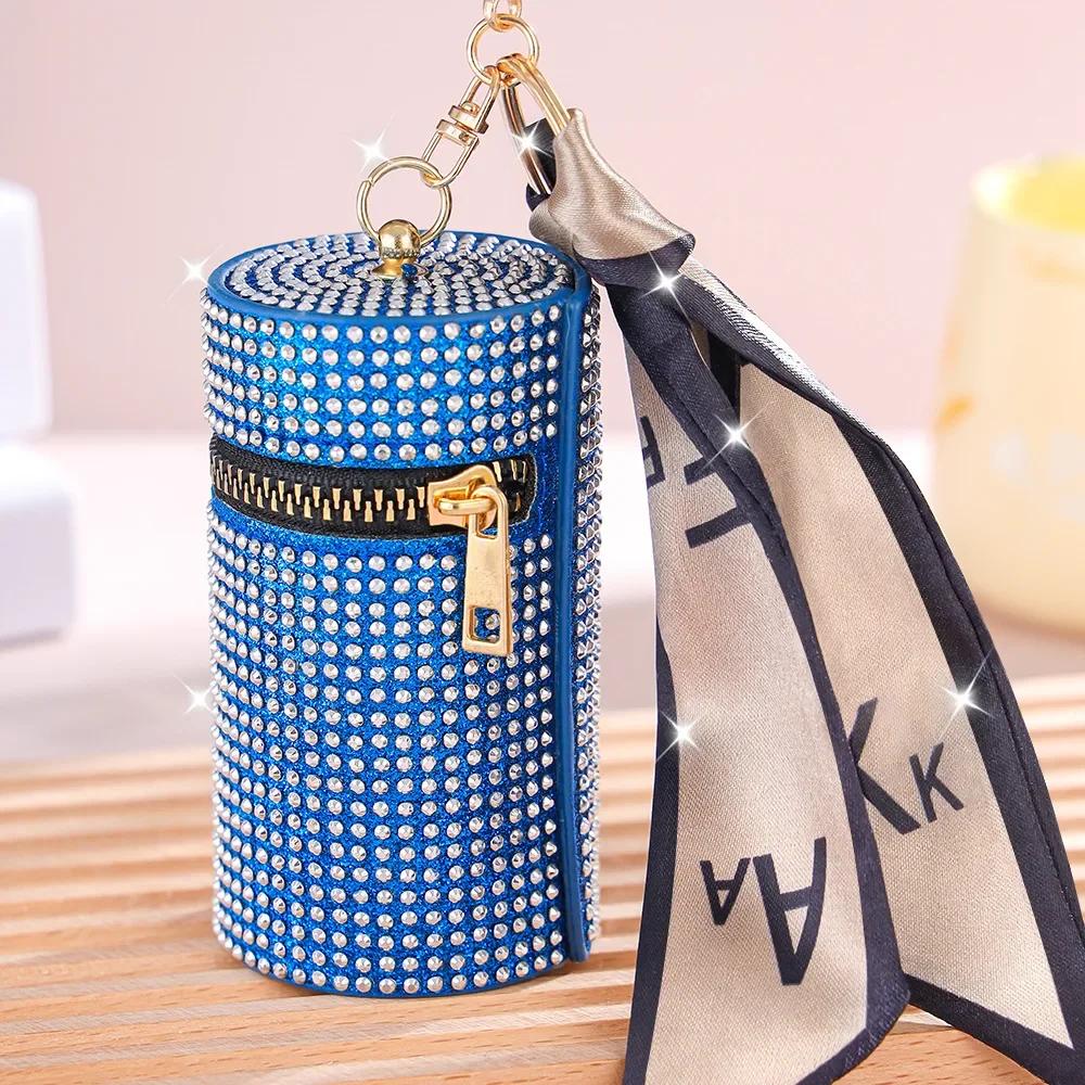 New Cylindrical Stylish Rhinestone PU Mini Lipstick Bag with Silk Scarf  Keychain Portable Coin Purse Women  Accessories Gift