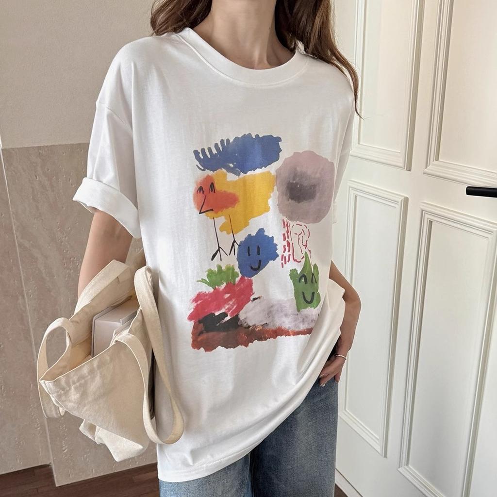 Harajuku Grafikdruck Kurzarm T-Shirts Damen Sommer reine Baumwolle Lässig Oversized T-Shirt Damen Streetwear weiß Y2k Oberteile