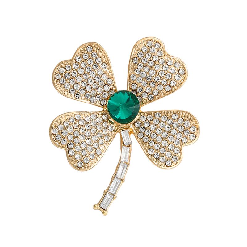 New green zircon four-leaf clover brooch women's high-end blazer high-end corsage clothes collar silk scarf buckle