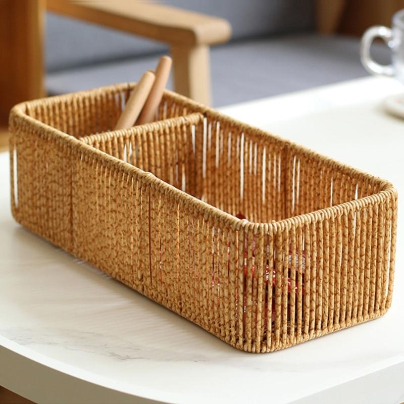 Sturdy Handwoven Storage Box Divided Sections Living Room Desktop Organization