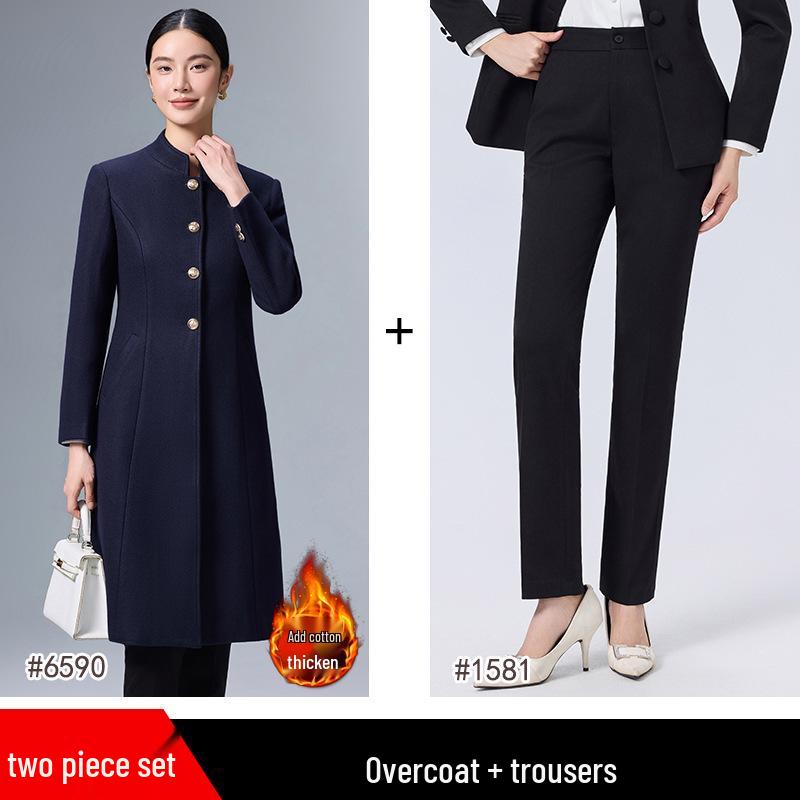 Women's Mid-Length Professional Stand-Collar Wool Coat - Winter Receptionist and Sales Workwear.