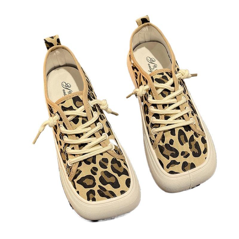 Wide Feet Square Toe Canvas Loafers Women's Leisure Lace Up Sneakers Platform Leopard Zebra Print Shoes Student Running Shoes