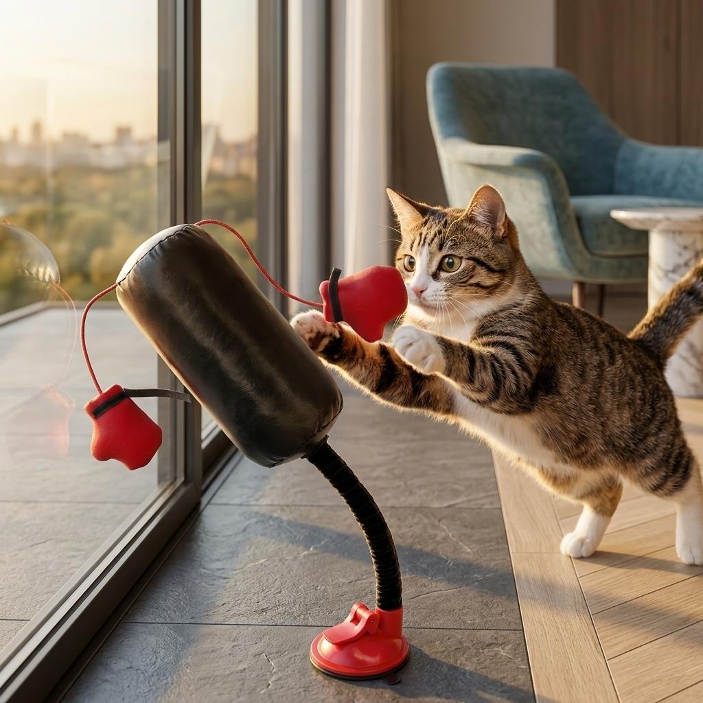 Upgraded Durable Punching Suction Cup Cat Toy, Spring-Loaded Cat Boxing Bag with Gloves, Interactive Cat Boredom Relief Toy