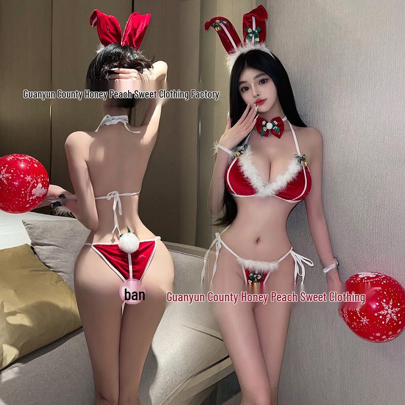 Christmas Bunny Lingerie Set: Sexy Jingle Bell Bra & Panties Nightwear for Role Play