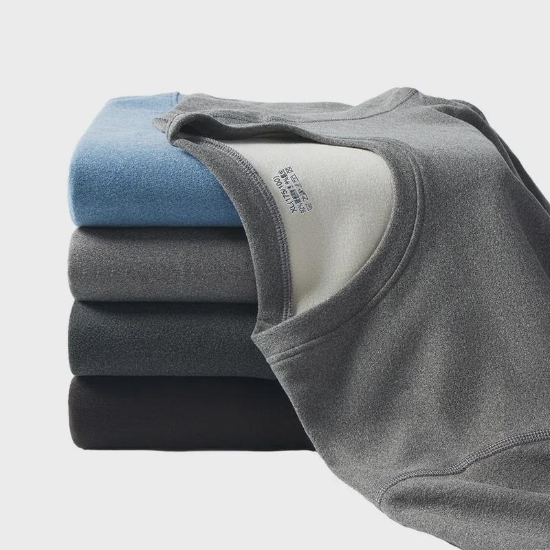 Men's Two-Color German Velvet Warm Suit: No-Pill V-Neck/Round Neck Top & Bottom Set for Autumn/Winter.