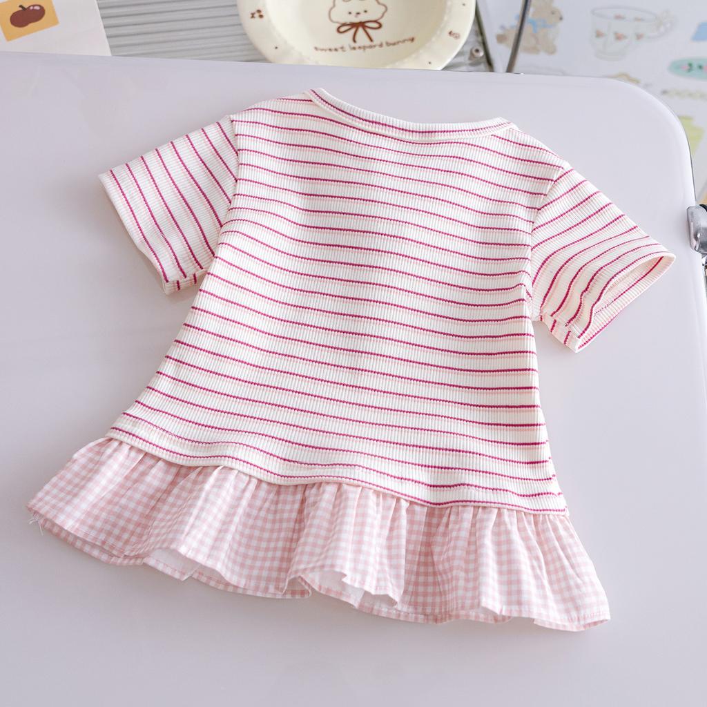 Girls Summer Cotton Short Sleeve T Shirt Sweet Lace Trim Cute Top Baby Breathable Comfortable Tee