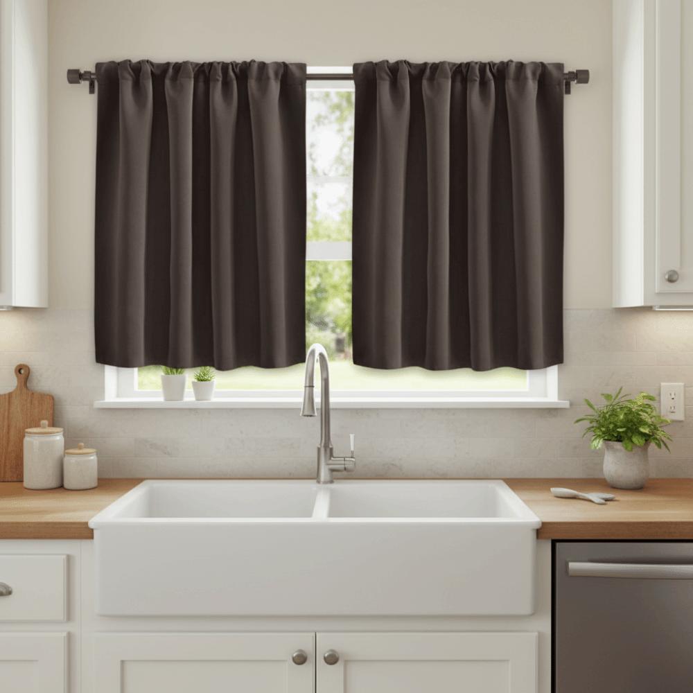 2PCS Solid Color Kitchen Short Curtain Through-rod Design Cabinet Curtain Living Room
