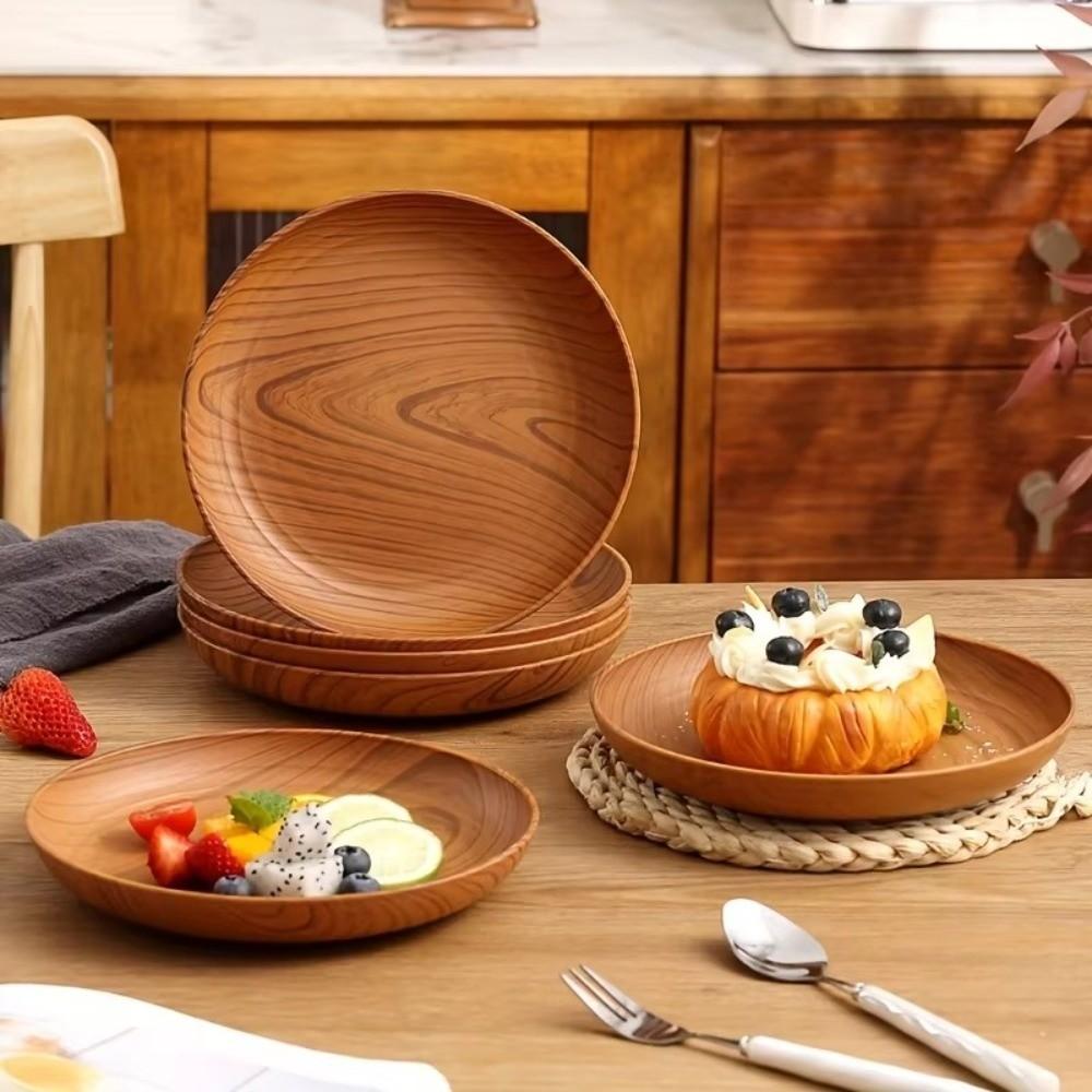 Kitchen Accessories Plastic Wood-Grain Round Tray Imitation Wood Multi-Purpose Serving Plate Dinner Plates Tea Coffee