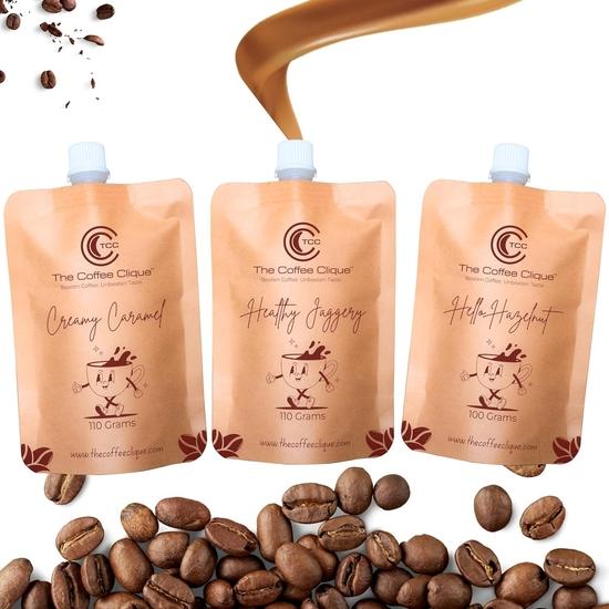 The Coffee Clique | Healthy Jaggery + Creamy Caramel + Hello Hazelnut | Beaten Coffee Paste | Cafe Like Cappuccino At Home  | Pack of 3 | 320 GMs