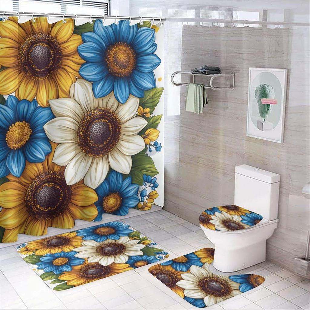 Bathroom Curtain And Rug Set, Sunflower Pattern Printed On Shower Curtain And Bath Mat Set, Designed For Farmhouse Contemporary