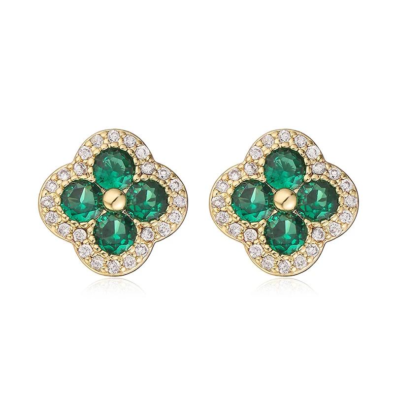 18K Golden Plated Inlaid CZ Stone Flower Shape Stud Earrings Sparkling Multi-colour 4-Leaf Flower Earrings Romantic Jewelry