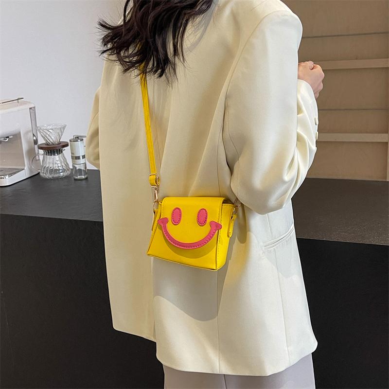 Women Smiling Face Bag PU Leather Mini Crossbody Bag Contrast Color Cartoon Shoulder Bag Female Summer Daily Bag