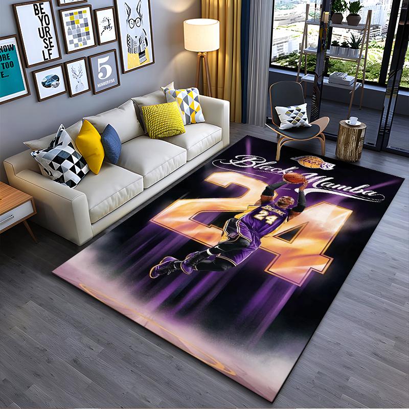Sports Area Rug, Kobe Bryant Lakers Number 24 Black Mamba Purple Gold Shoot Spotlight Print, Fan Decor, Non-Slip Mat