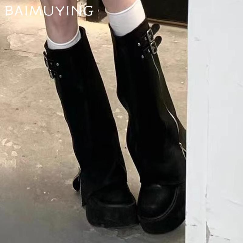Platform Women High Boots Leather Fad High Heels Shoes 2025 Trend Designer Zipper Knee High Goth Winter Motorcycle Botas Mujer