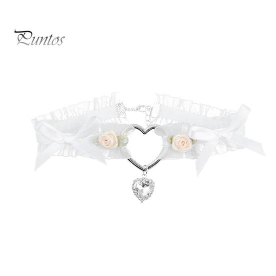 Women Choker Black White Sheer Lace Metal Love Heart Small Flowers Bowknot Sexy Elegant Rhinestone Pendant Club Collar Necklace Daily Wear